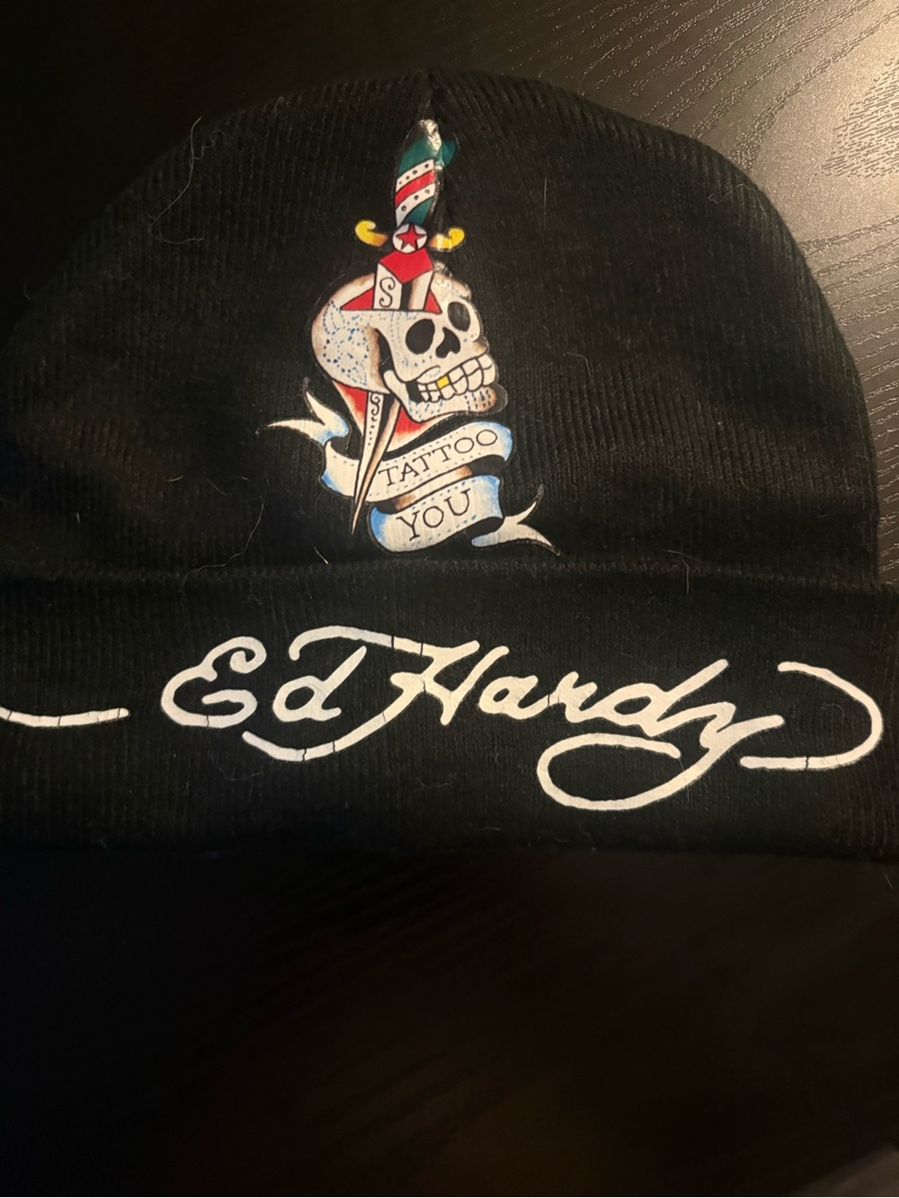 Ed Hardy Unisex  Black Beanie with Multicolor Skull & Dagger Graphic